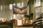Majestic Flight Over Blooming Fields birds canvas print, displayed in a living room