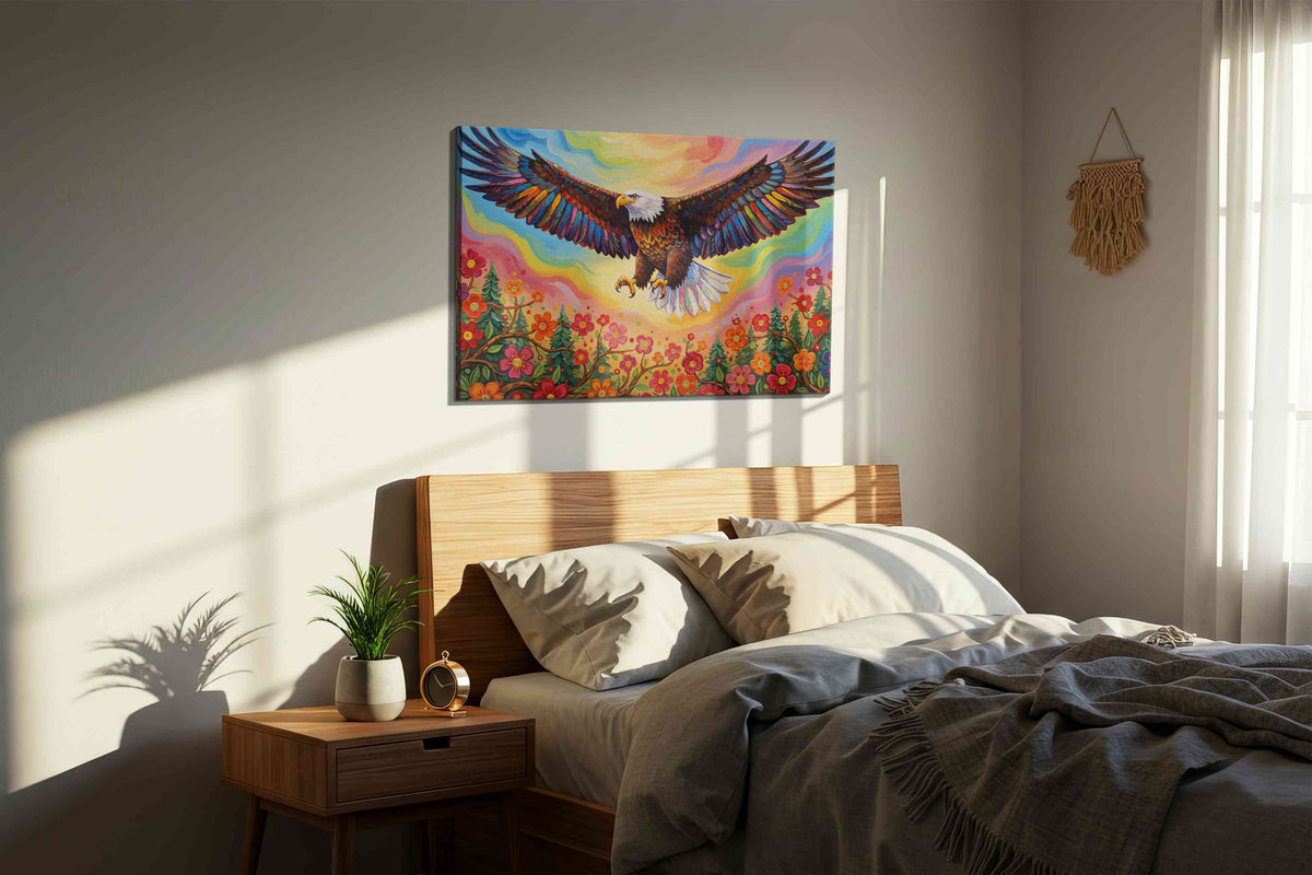 Majestic Flight Over Blooming Fields – birds canvas wall art, gallery-wrapped, ready to hang