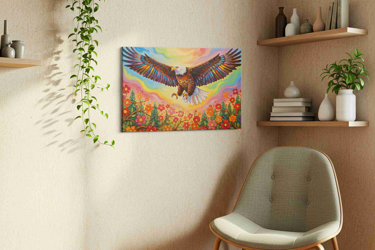 Majestic Flight Over Blooming Fields birds canvas print, hanging on wall — view 3