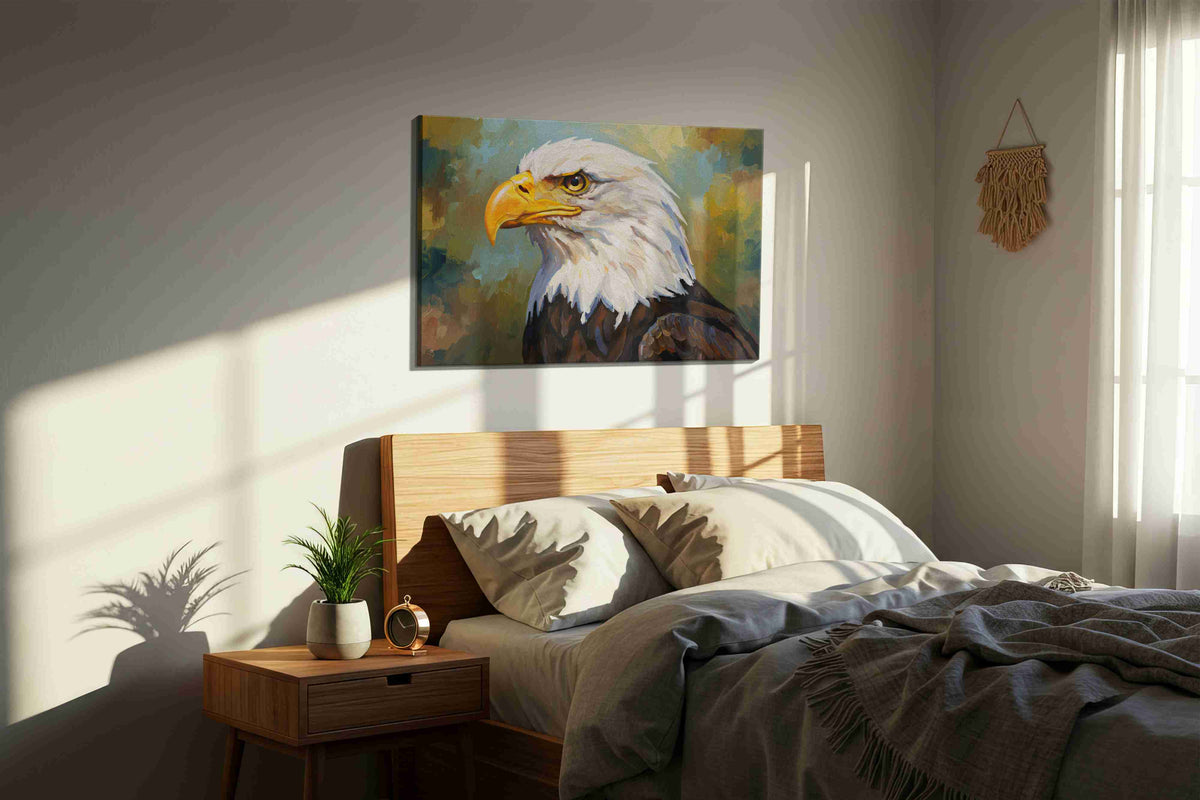 Majestic Guardian Gaze birds canvas print, displayed in a bedroom
