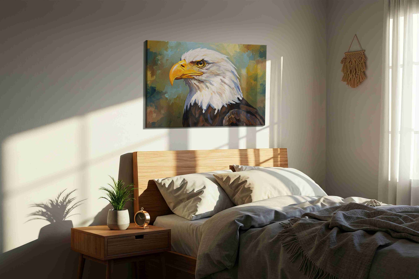 Majestic Guardian Gaze birds canvas print, displayed in a bedroom