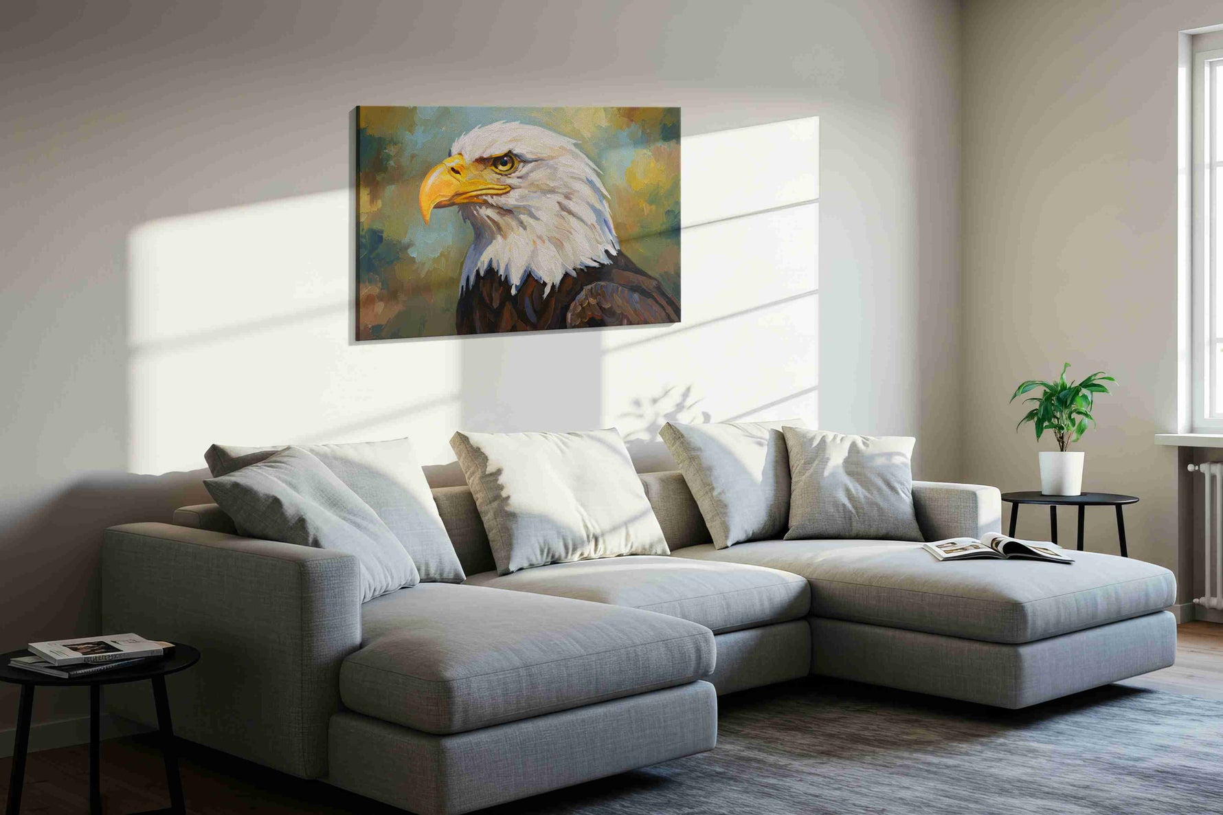 Majestic Guardian Gaze birds canvas print, displayed in a living room