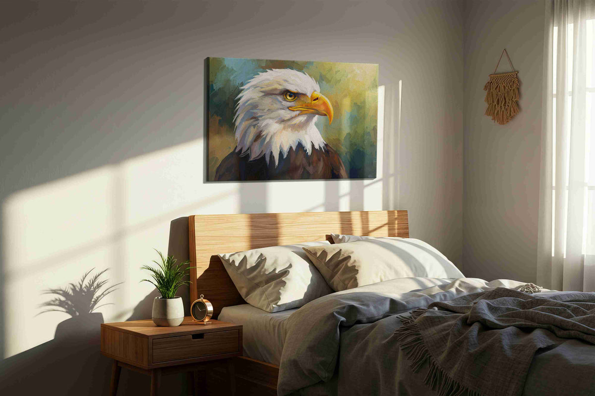 Majestic Guardian of Skies birds canvas print, displayed in a bedroom