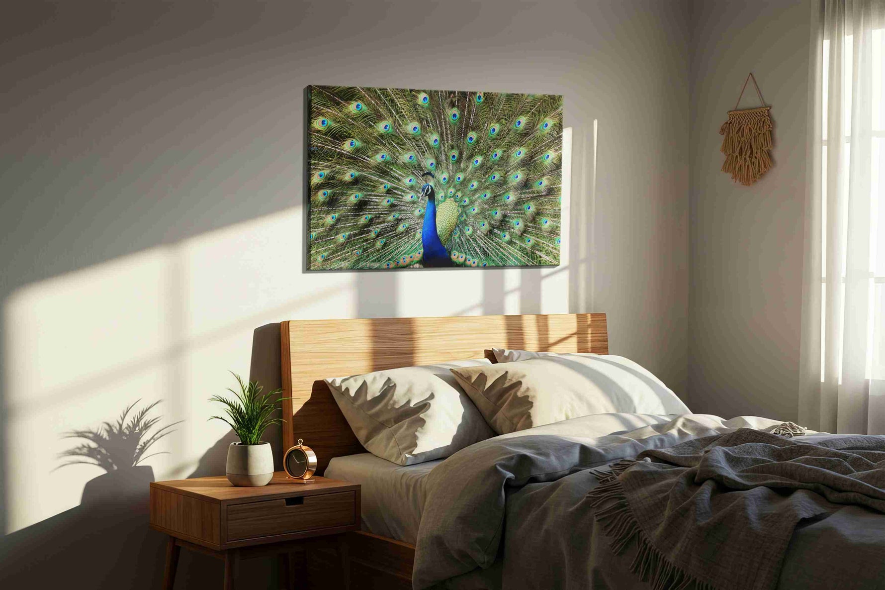 Majestic Plumage Symphony animals canvas print, displayed in a bedroom