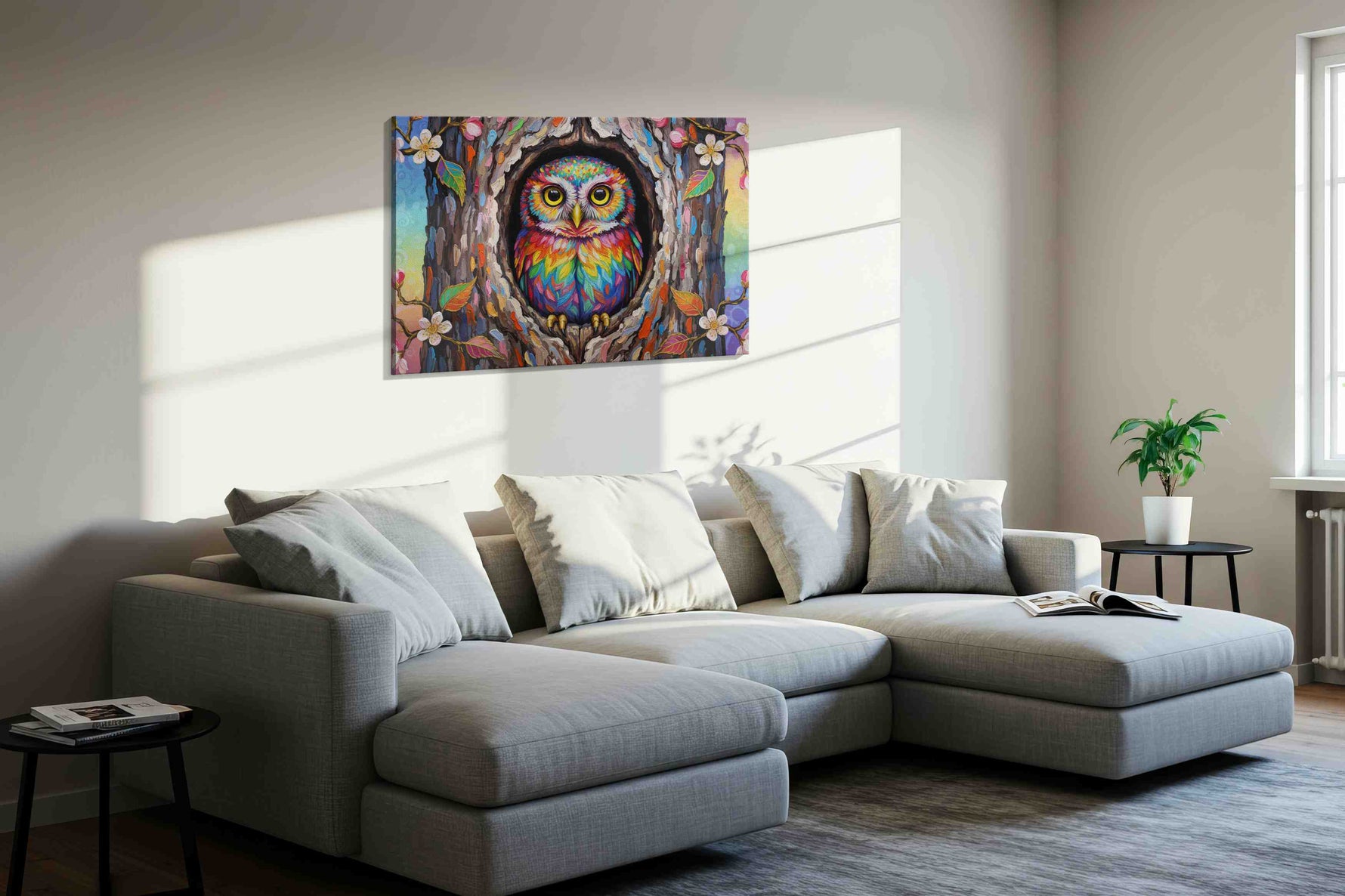 Mystical Forest Watcher birds canvas print, displayed in a living room