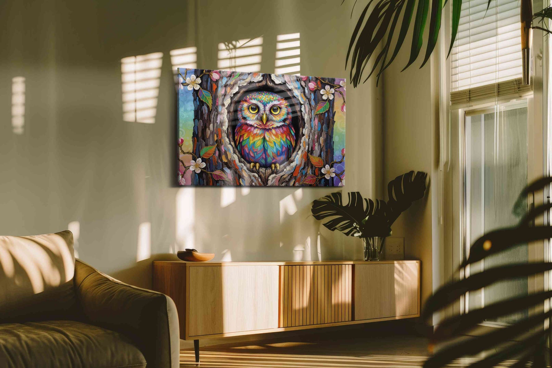 Mystical Forest Watcher birds canvas print, on wall, lifestyle preview