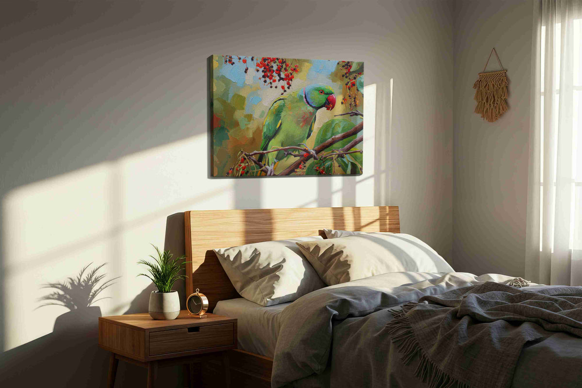 Parrot's Paradise Symphony birds canvas print, displayed in a bedroom