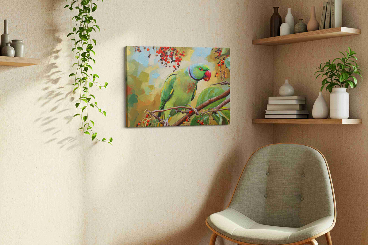 Parrot's Paradise Symphony birds canvas print styled in a living room