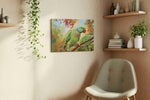 Parrot's Paradise Symphony birds canvas print styled in a living room