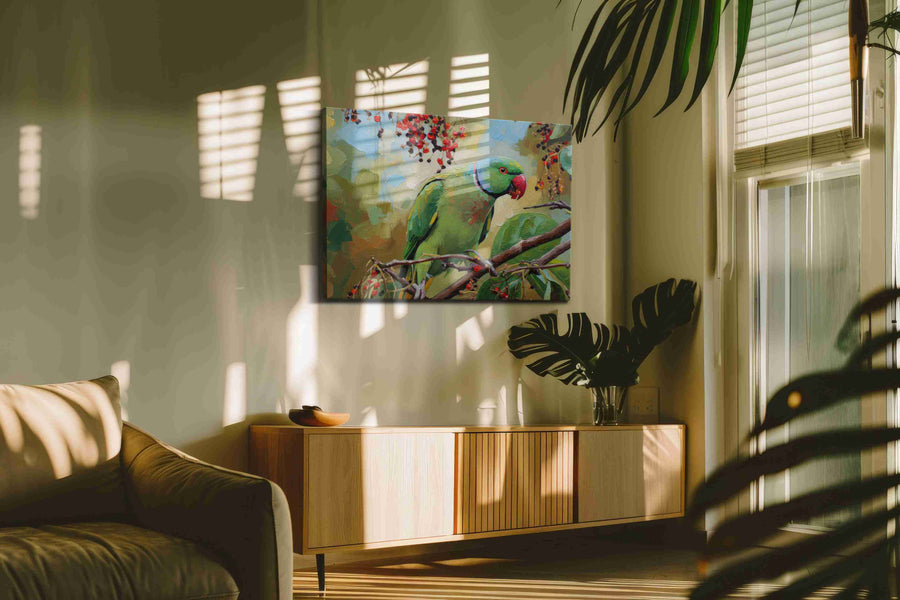Parrot's Vibrant Feast – birds canvas wall art, gallery-wrapped, ready to hang