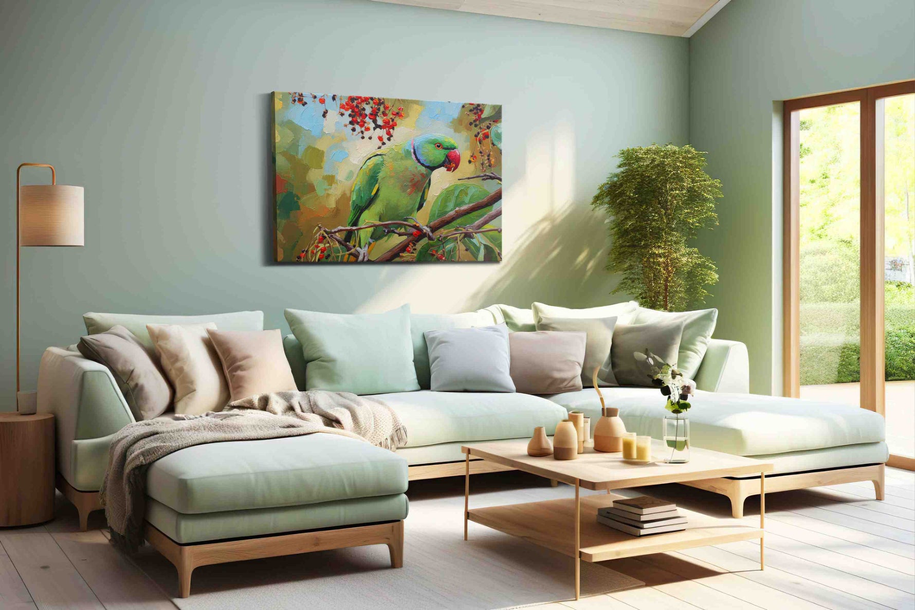 Parrot's Vibrant Feast birds canvas print, hanging on wall