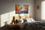 Pelican's Symphony at Sunset birds canvas print, displayed in a bedroom