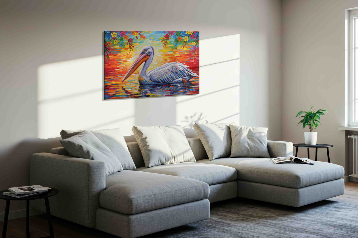 Pelican's Symphony at Sunset birds canvas print, displayed in a living room