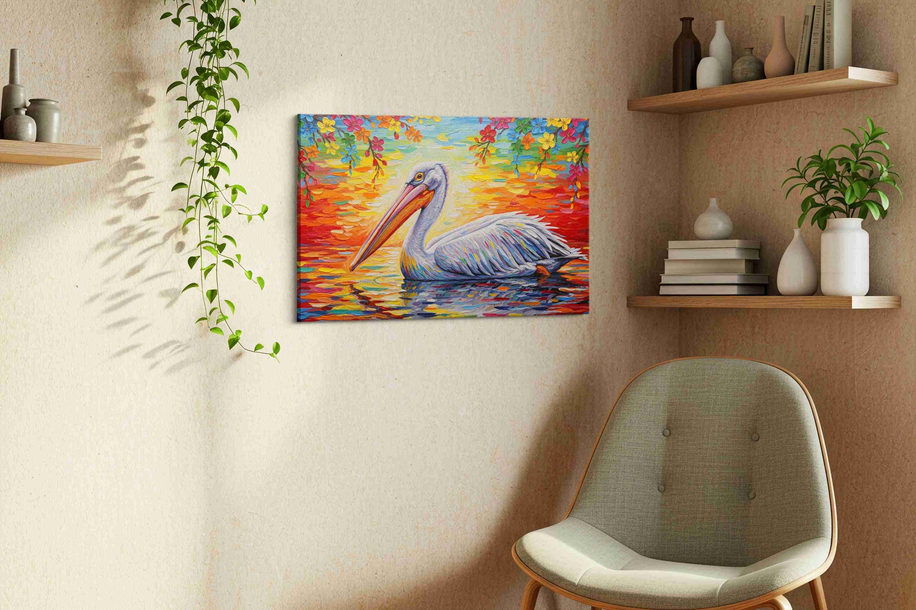 Pelican's Symphony at Sunset birds canvas print, hanging on wall