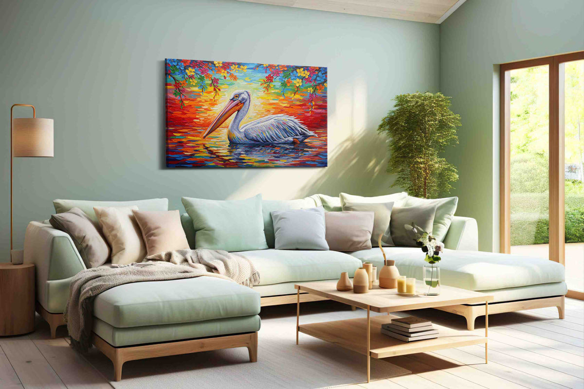 Pelican's Symphony at Sunset birds canvas print shown in a wall scene