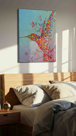 Pixel Blossoms in Flight birds canvas print, displayed in a bedroom