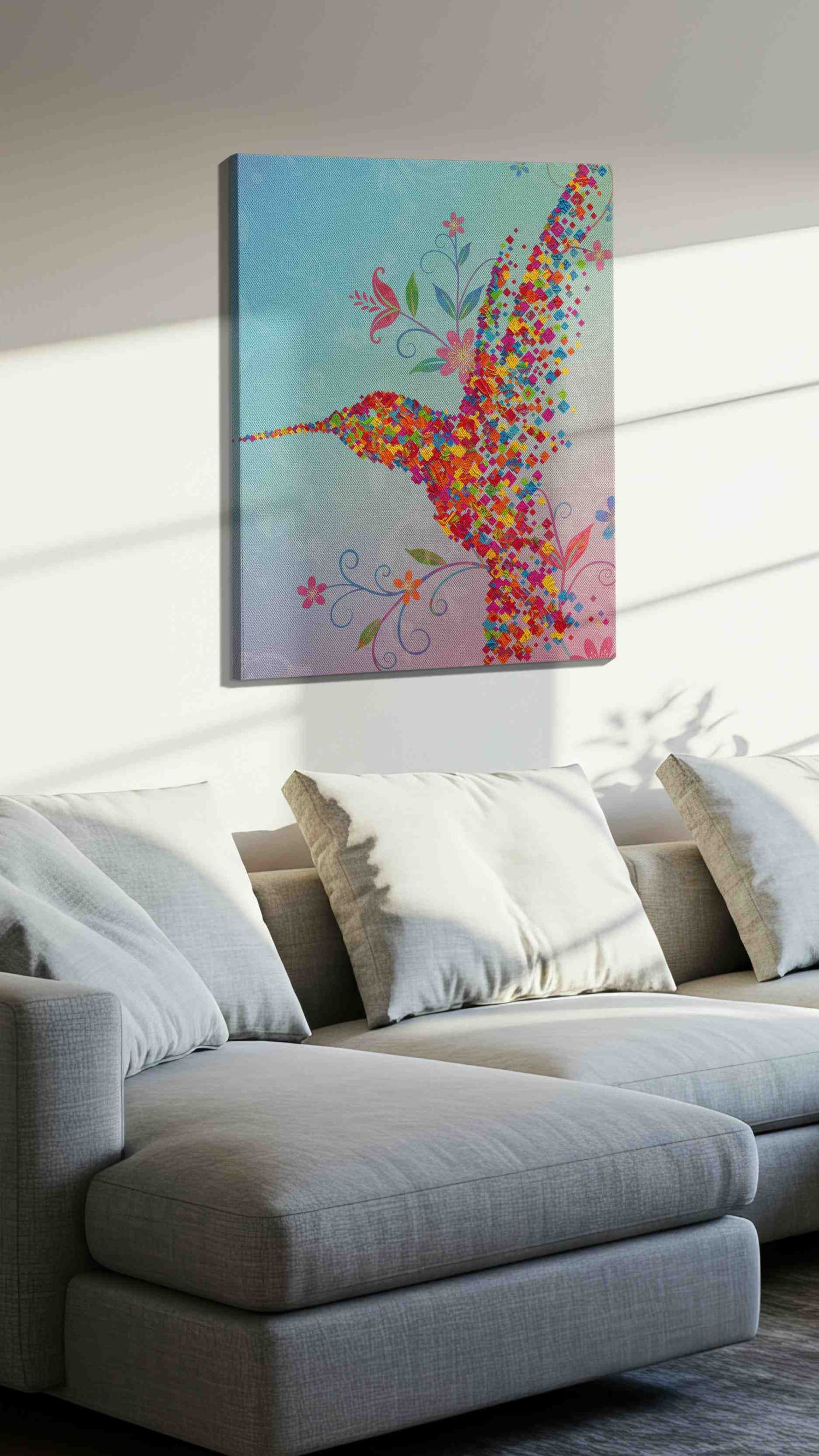 Pixel Blossoms in Flight – birds canvas wall art, gallery-wrapped, ready to hang