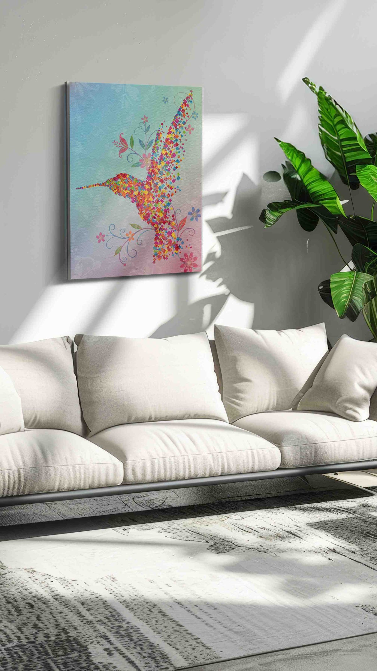 Pixel Blossoms in Flight birds canvas print, on wall, lifestyle preview