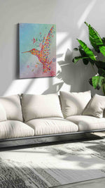 Pixel Blossoms in Flight birds canvas print, on wall, lifestyle preview