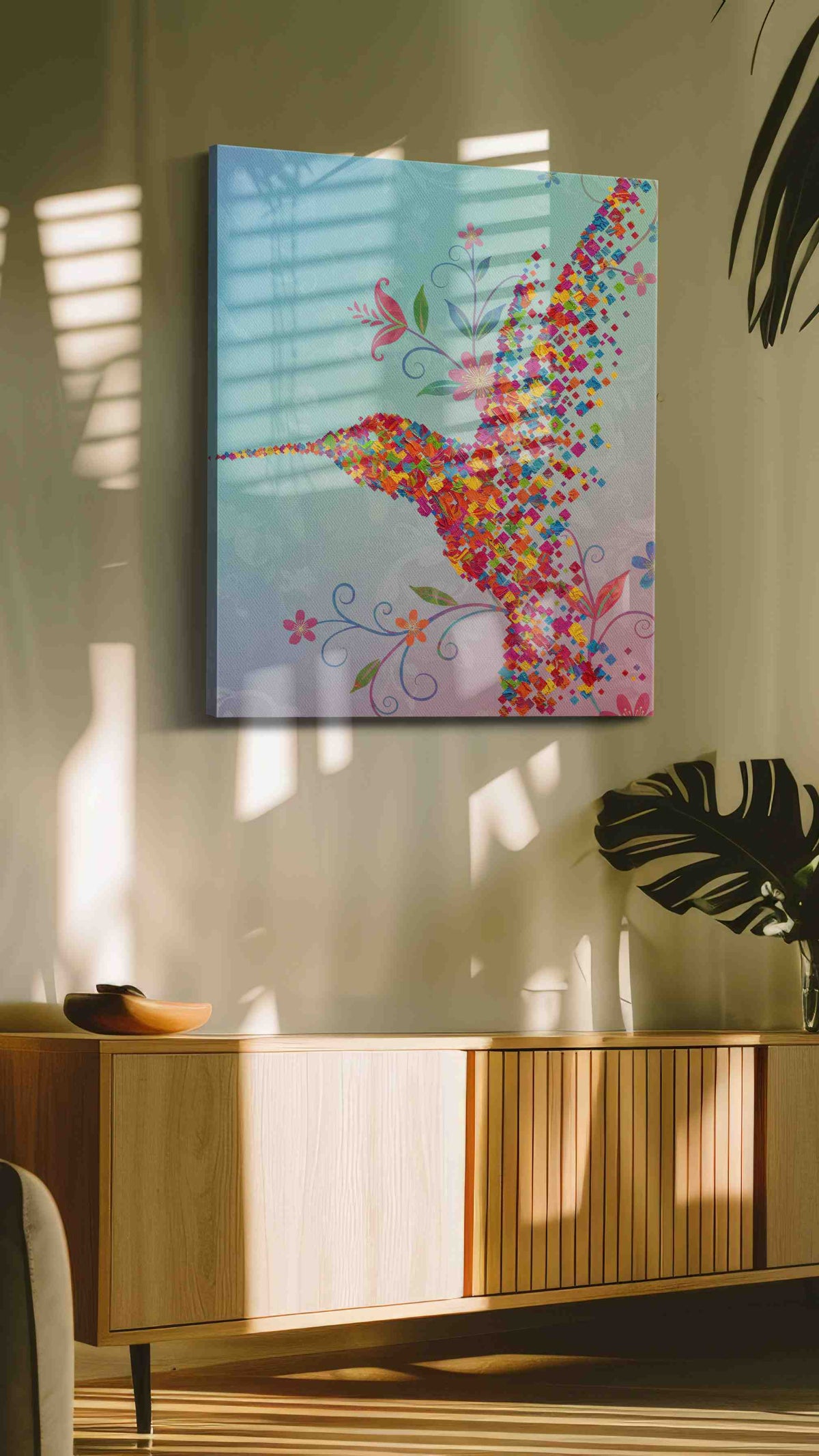 Pixel Blossoms in Flight birds canvas print in a hung canvas mockup