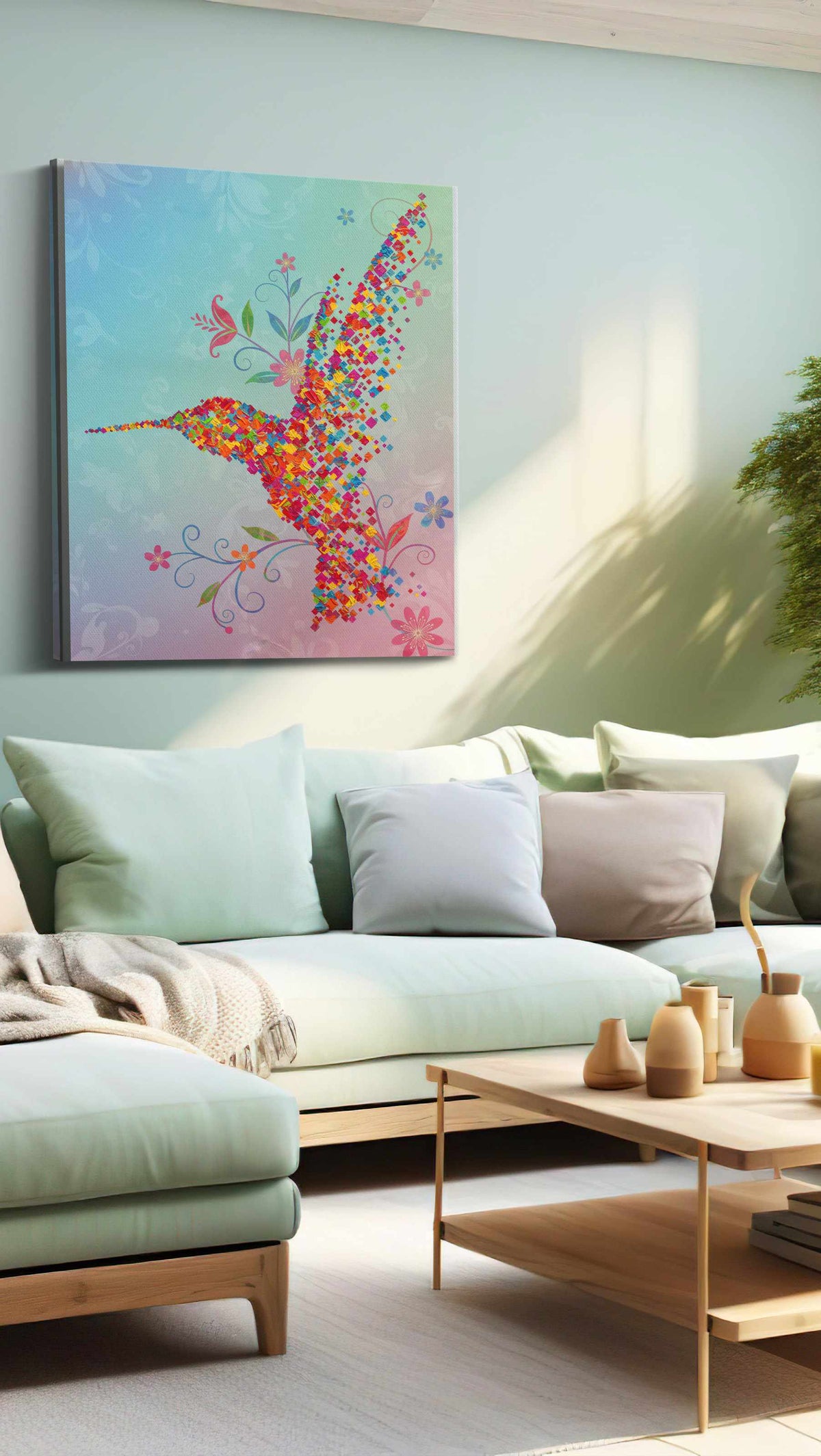 Pixel Blossoms in Flight birds canvas print, hanging on wall