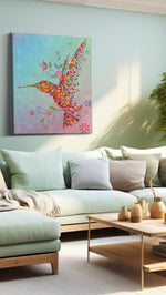 Pixel Blossoms in Flight birds canvas print, hanging on wall