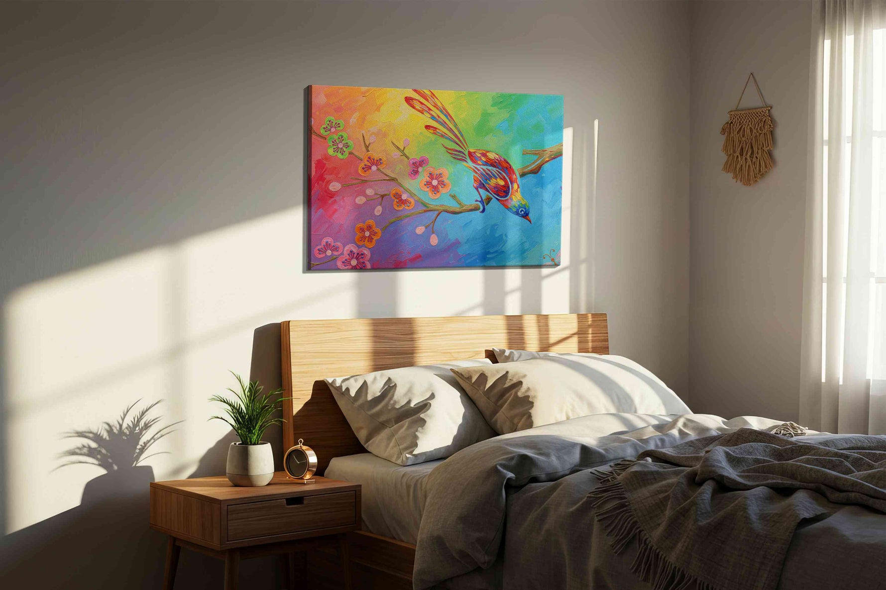 Prismatic Flight of Joy birds canvas print, displayed in a bedroom