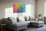 Prismatic Flight of Joy birds canvas print, displayed in a living room