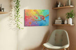 Prismatic Flight of Joy birds canvas print styled in a living room