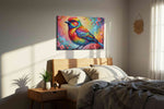Prismatic Melody Perch birds canvas print, displayed in a bedroom