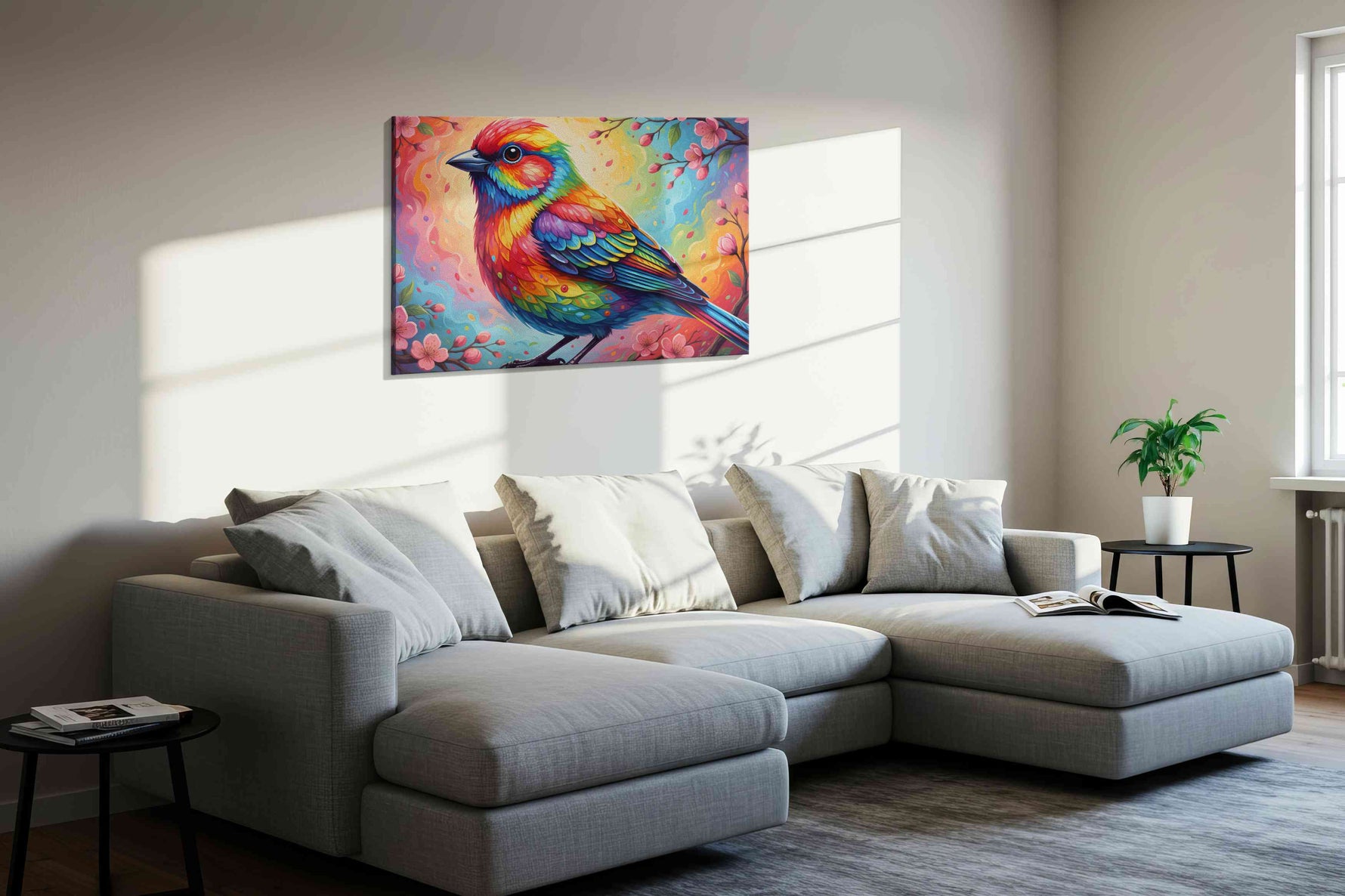 Prismatic Melody Perch birds canvas print, displayed in a living room