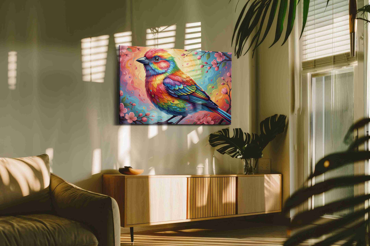 Prismatic Melody Perch birds canvas print in a contemporary interior mockup