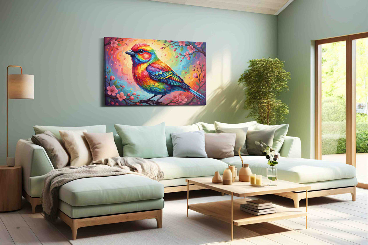 Prismatic Melody Perch birds canvas print, hanging on wall