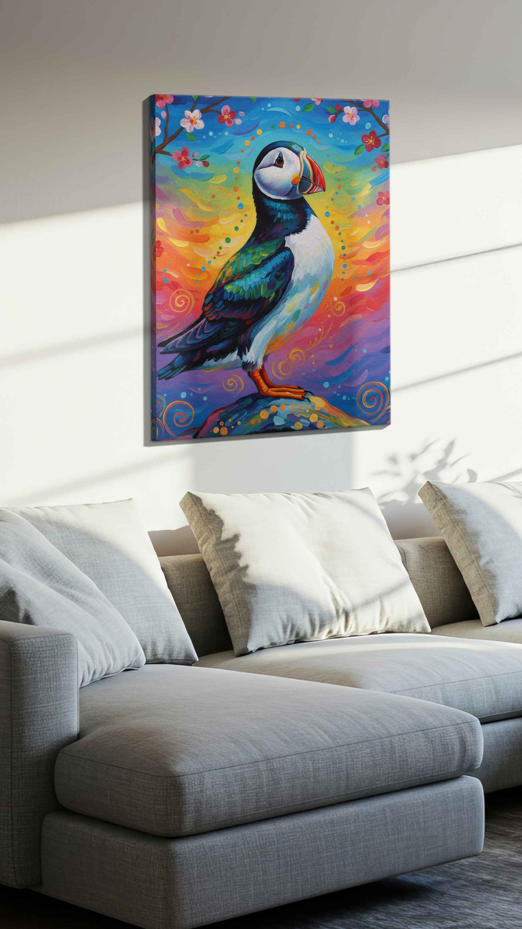 Puffin's Twilight Reverie birds canvas print, displayed in a living room