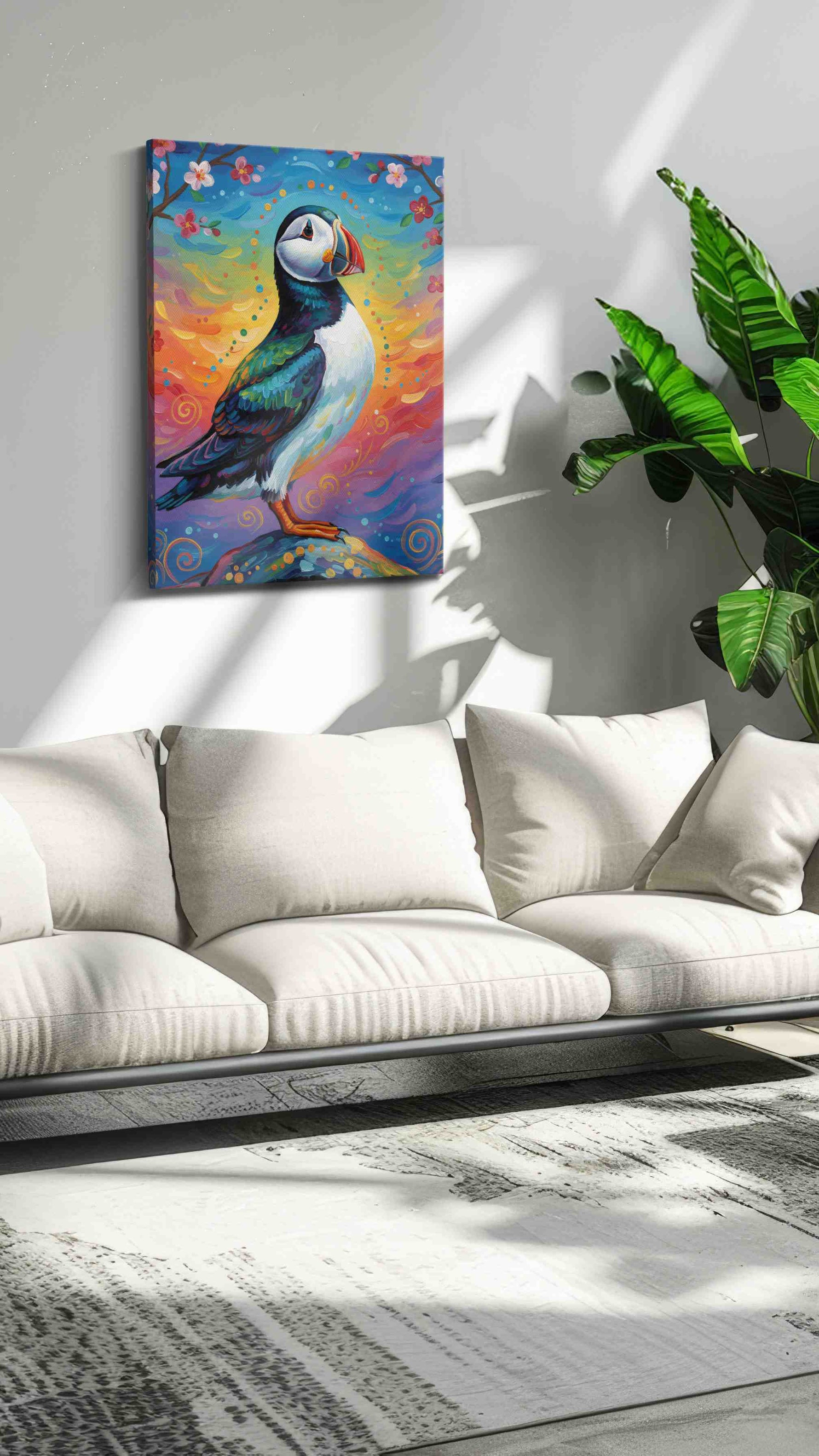 Puffin's Twilight Reverie birds canvas print, on wall, lifestyle preview