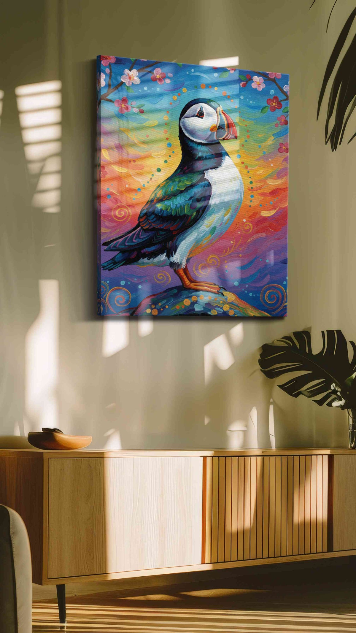 Puffin's Twilight Reverie birds canvas print in a hung canvas mockup
