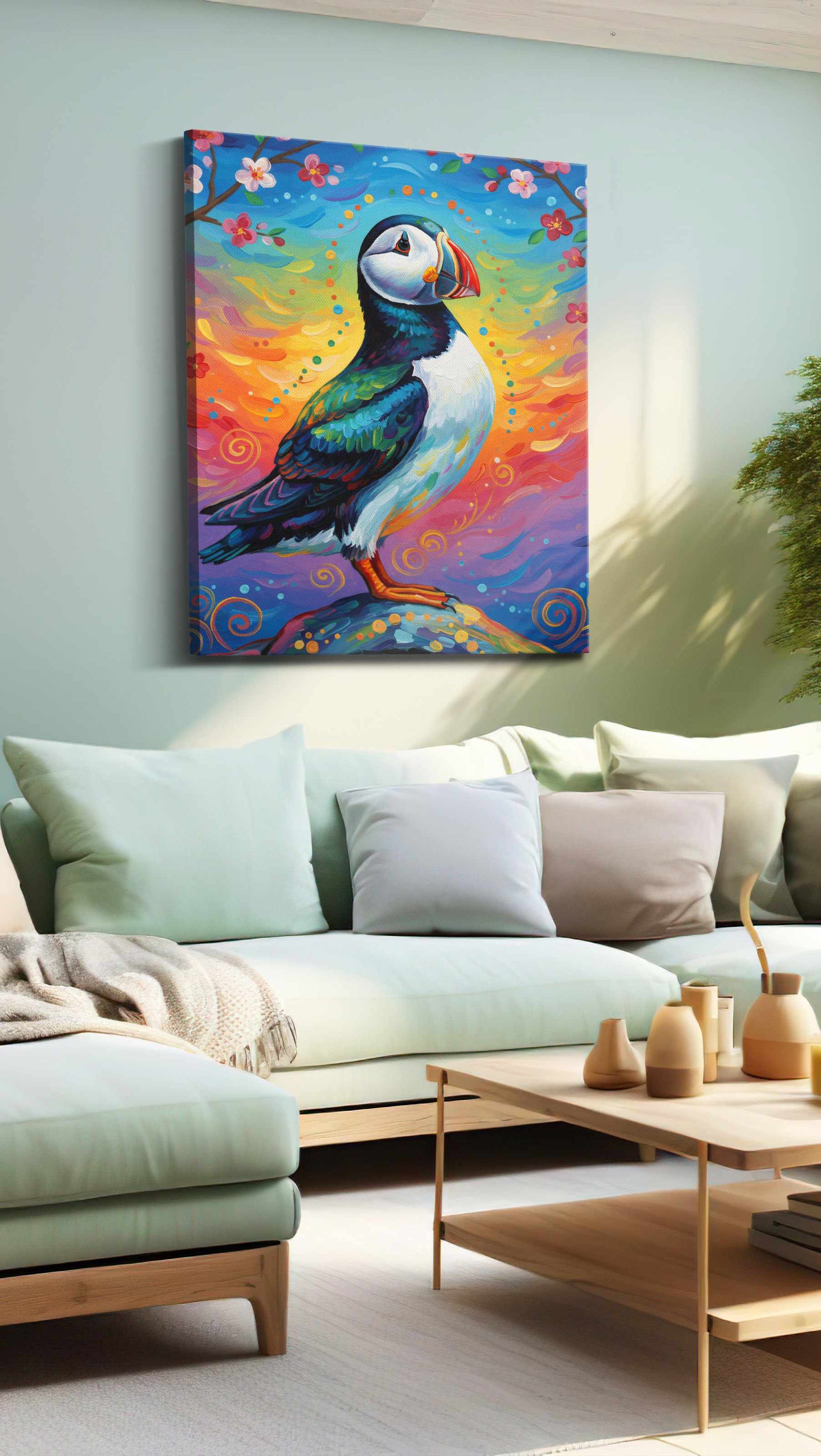 Puffin's Twilight Reverie birds canvas print, hanging on wall