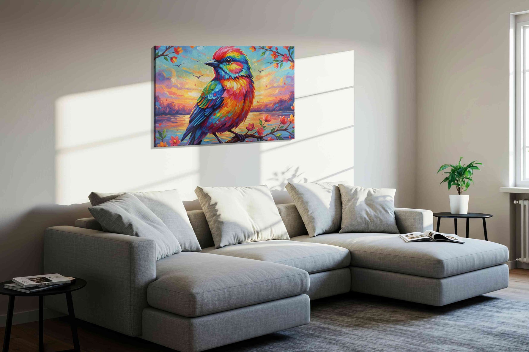 Radiant Dawn Chorus birds canvas print in a living room scene