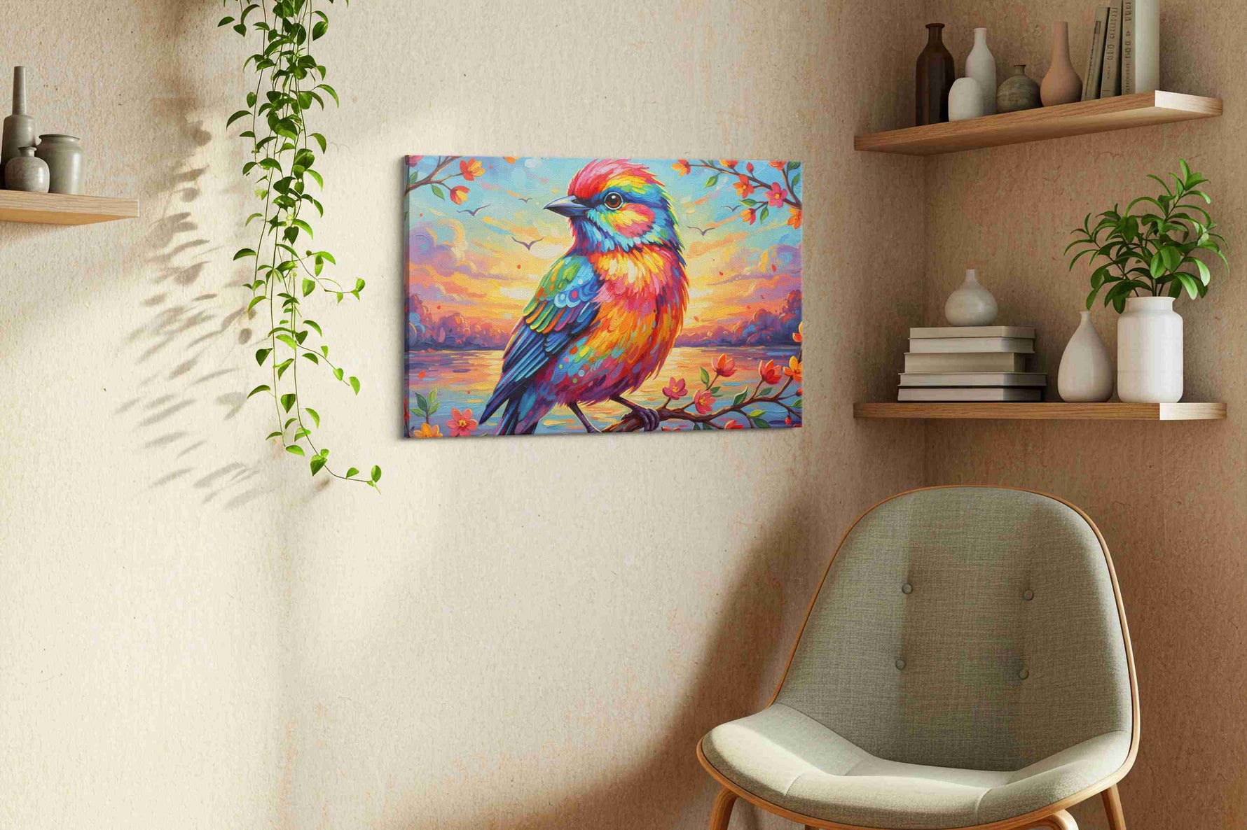 Radiant Dawn Chorus birds canvas print, displayed in a living room