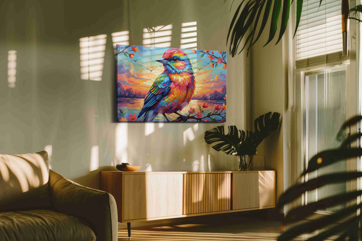 Radiant Dawn Chorus birds canvas print, on wall, lifestyle preview