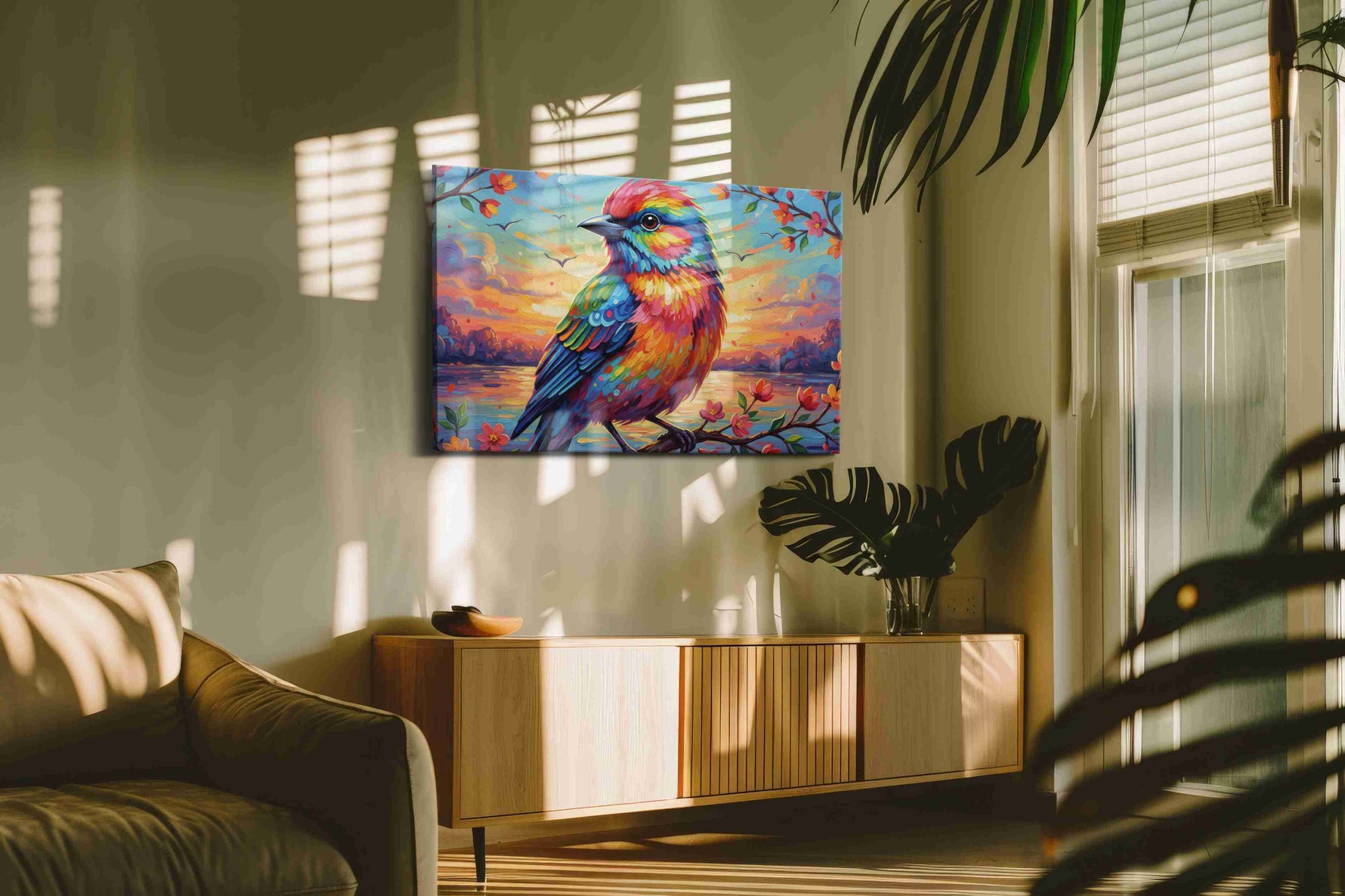 Radiant Dawn Chorus birds canvas print, on wall, lifestyle preview