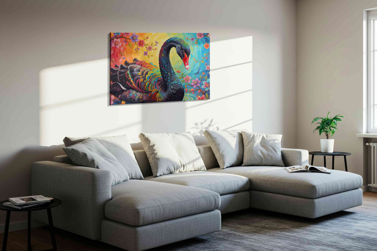 Rainbow Elegance in Bloom birds canvas print in a living room scene