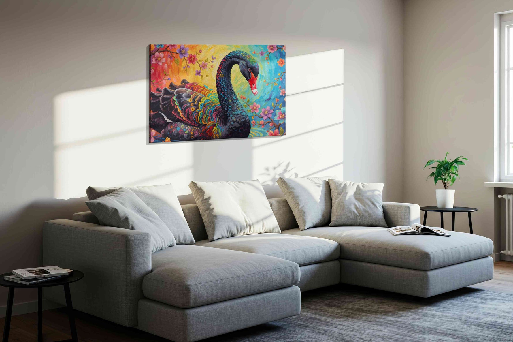 Rainbow Elegance in Bloom birds canvas print in a living room scene