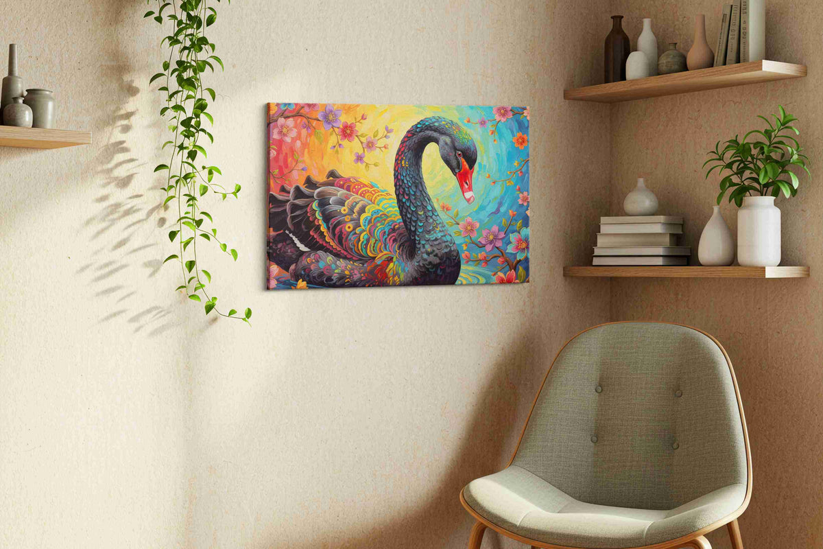 Rainbow Elegance in Bloom birds canvas print, displayed in a living room