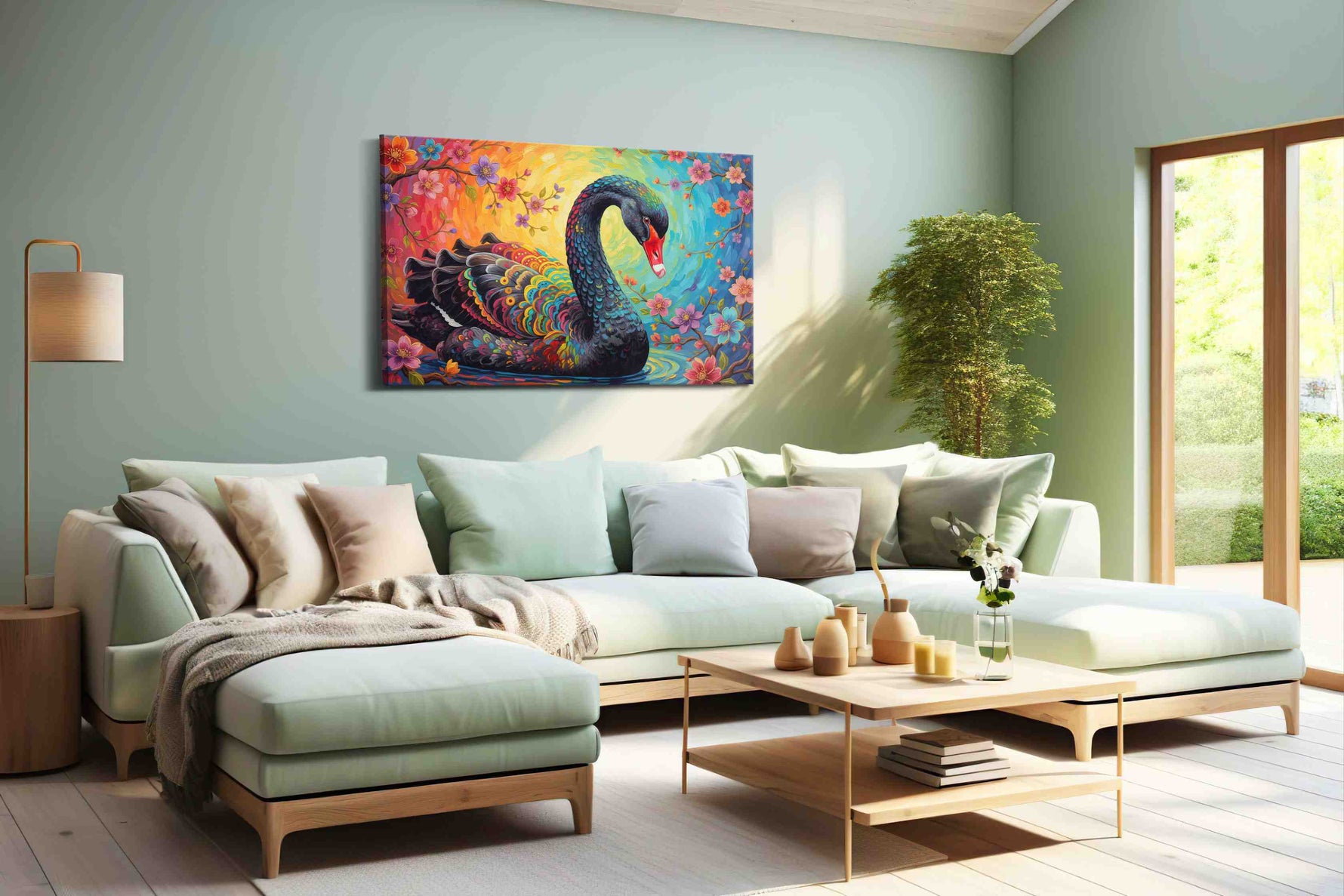 Rainbow Elegance in Bloom birds canvas print, hanging on wall