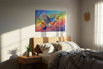 Rainbow Flight birds canvas print, displayed in a bedroom