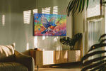 Rainbow Flight birds canvas print, on wall, lifestyle preview