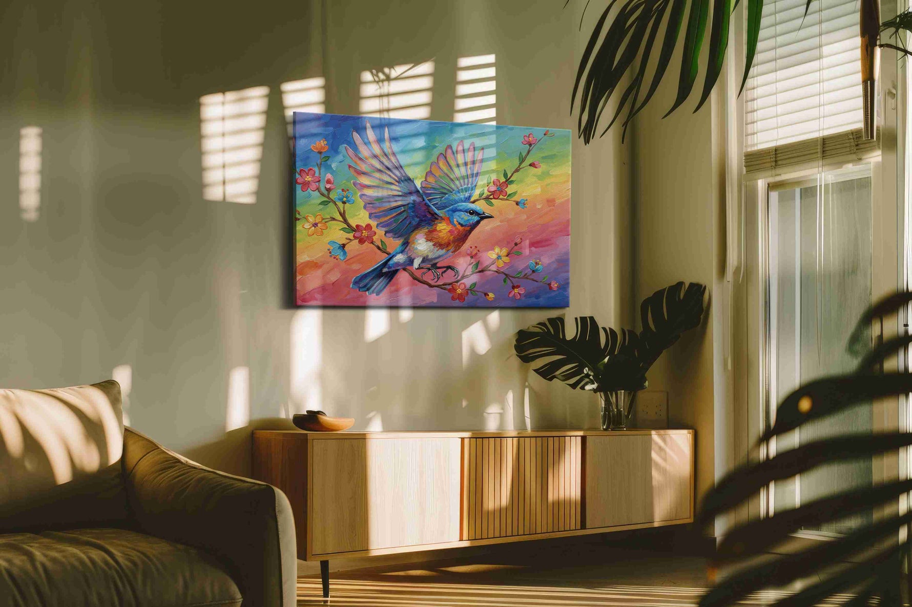 Rainbow Flight birds canvas print, on wall, lifestyle preview