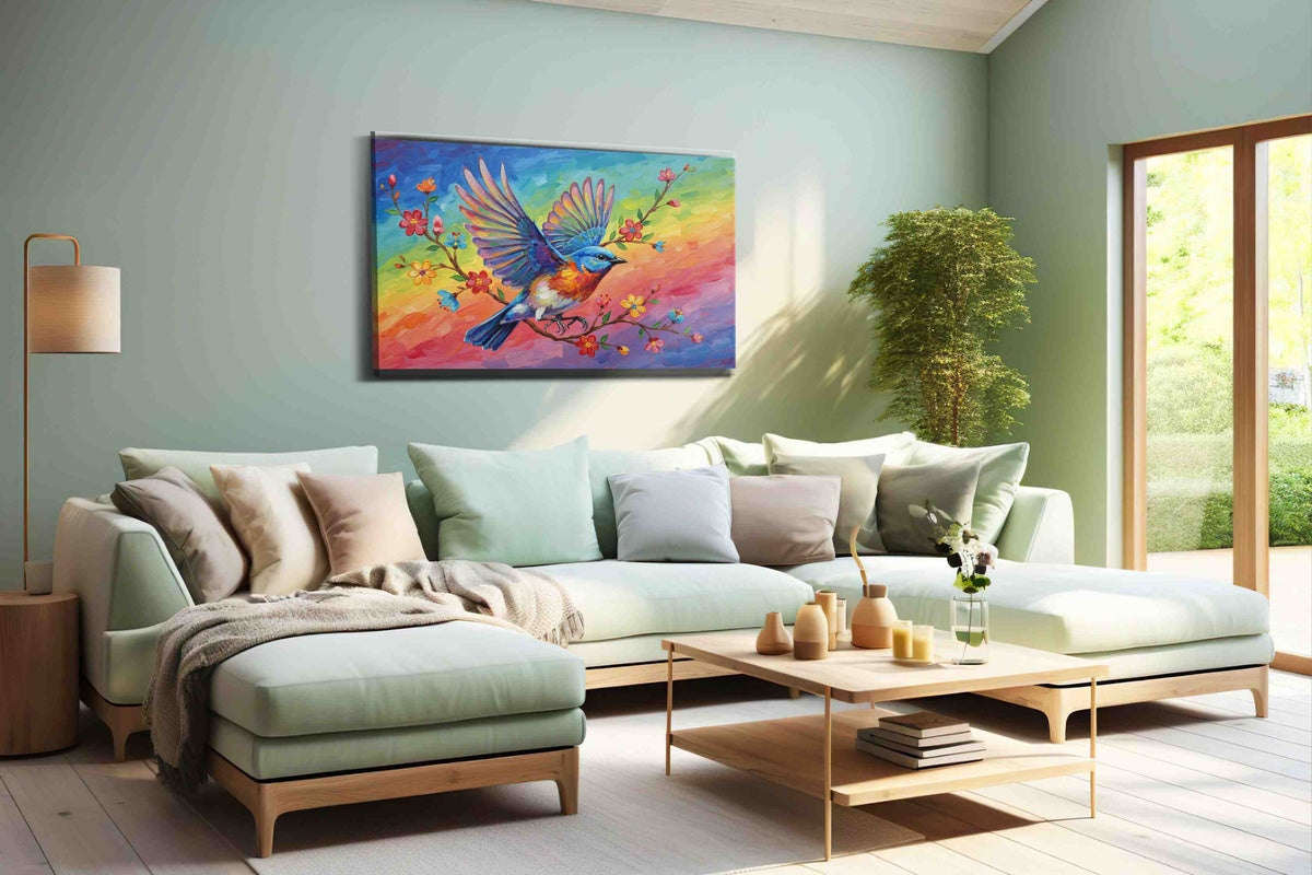 Rainbow Flight birds canvas print, hanging on wall