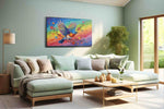 Rainbow Flight birds canvas print, hanging on wall